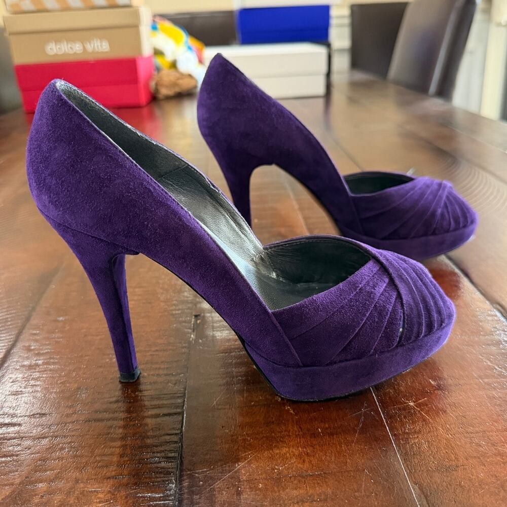 Stuart Weitzman Purple Suede Peeptoe Platform Heels Size 7.5